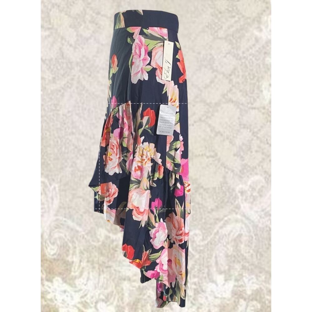 Eliza J Navy Floral High Low Cascade Ruffle Womens 6 Wedding/Peasant Skirt - Picture 8 of 12